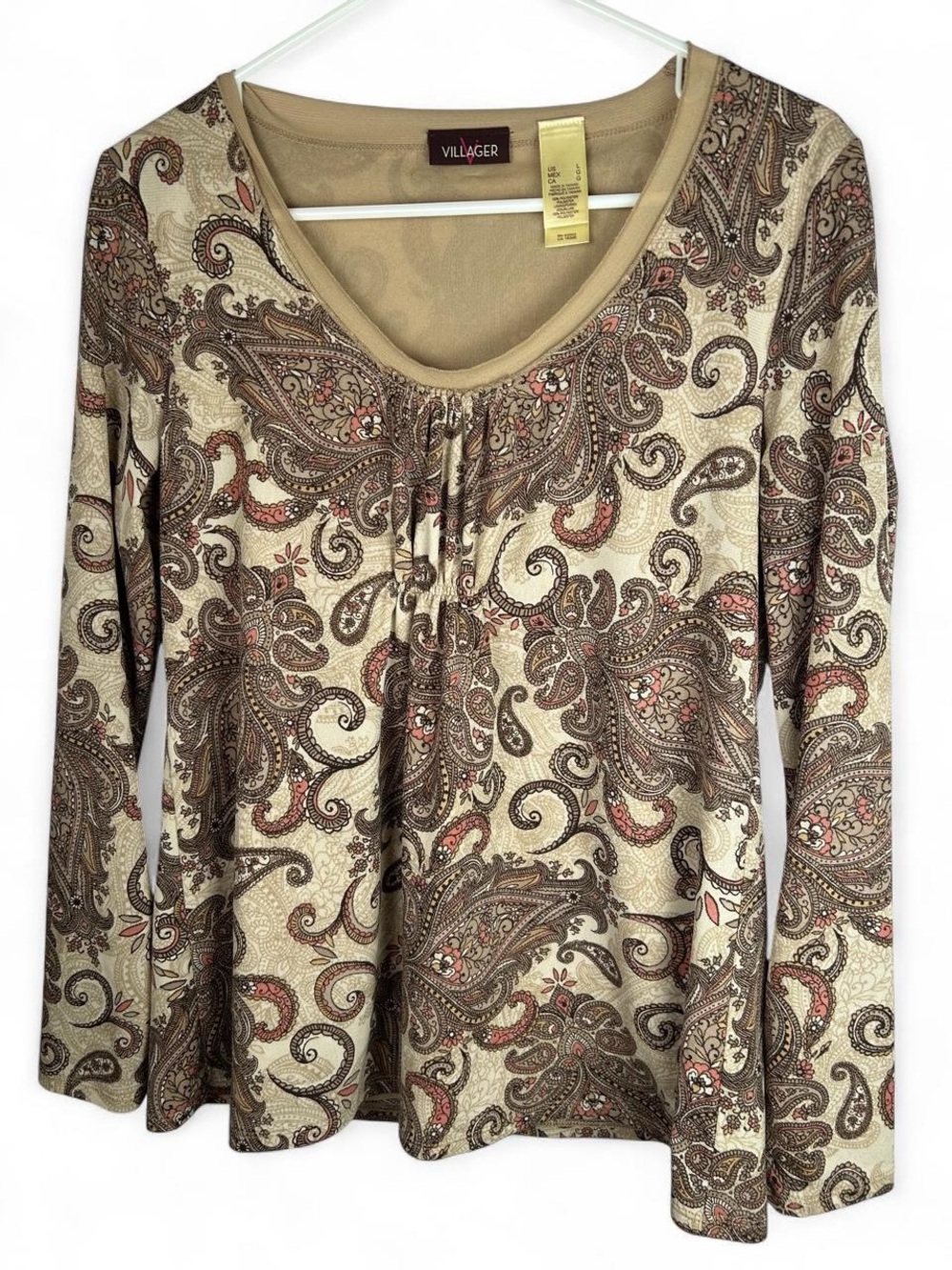 Villager Women's Long-Sleeve Paisley Scoop Neck Top - Beige/Brown